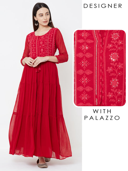 Floral embroidered Tiered Kurta with Solid Palazzo - Cherry Red