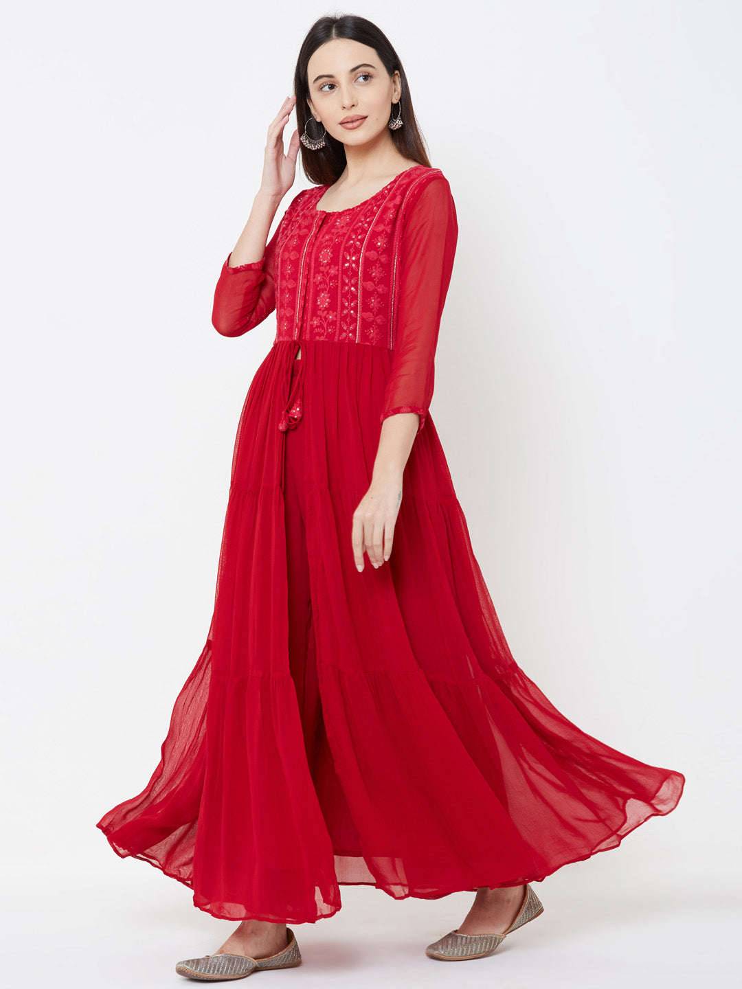 Floral embroidered Tiered Kurta with Solid Palazzo - Cherry Red