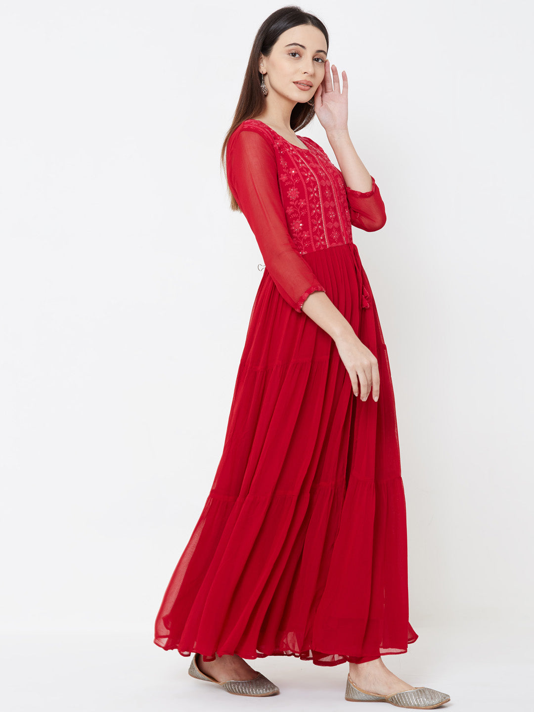 Floral embroidered Tiered Kurta with Solid Palazzo - Cherry Red