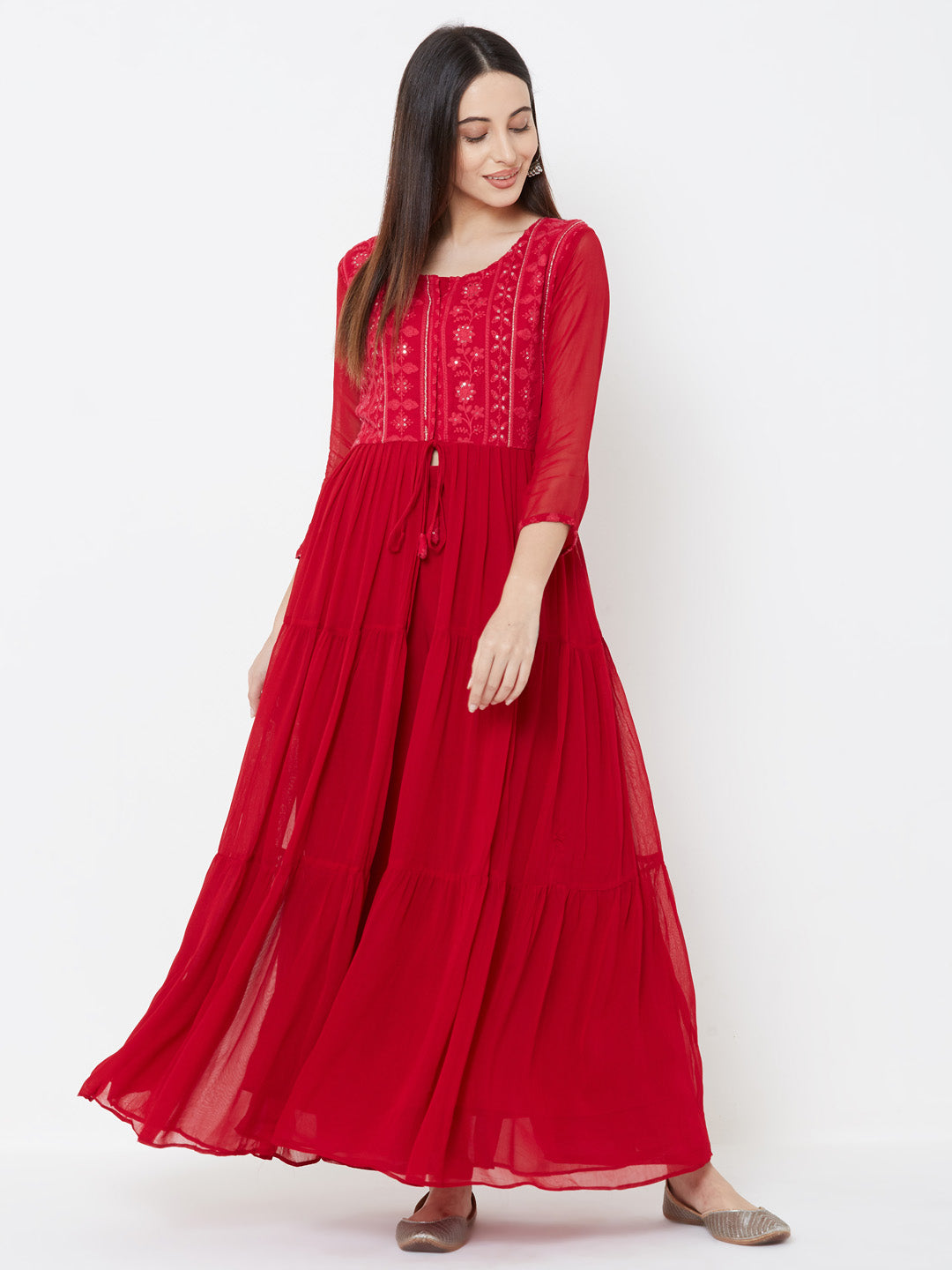 Floral embroidered Tiered Kurta with Solid Palazzo - Cherry Red