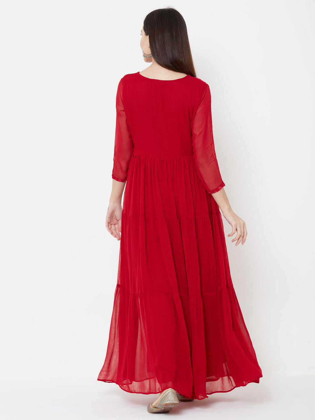 Floral embroidered Tiered Kurta with Solid Palazzo - Cherry Red