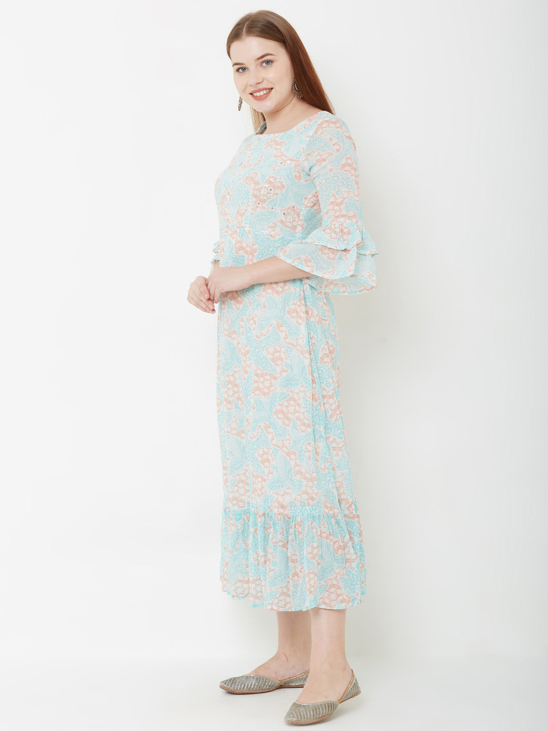 Mixed Printed & Ruffle Maxi - Cyan