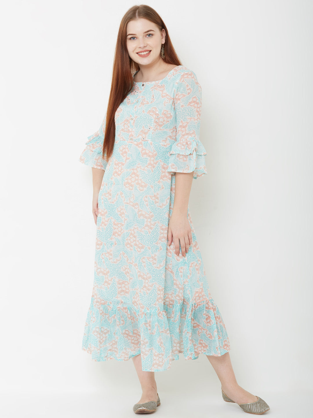 Mixed Printed & Ruffle Maxi - Cyan