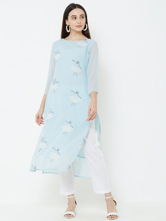 Ballerina Embroidered Georgette Kurta - Blue