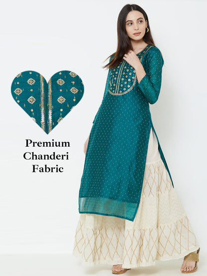 Sequins Embellished Chanderi Kurta - Teal Green