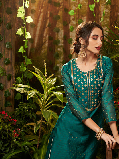 Sequins Embellished Chanderi Kurta - Teal Green