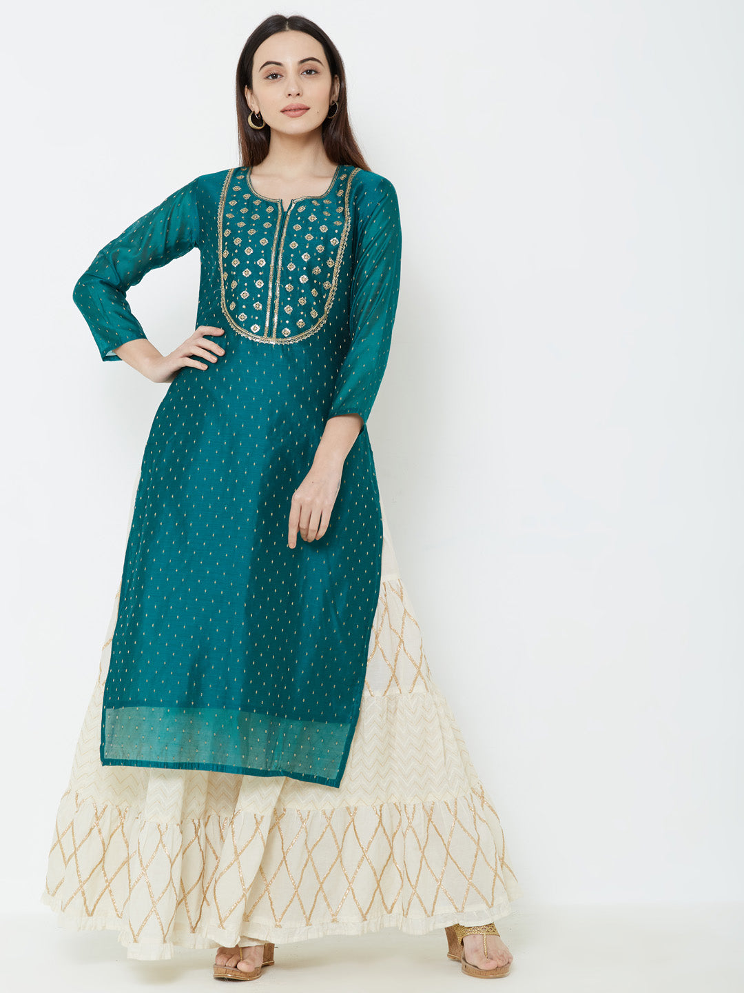 Sequins Embellished Chanderi Kurta - Teal Green