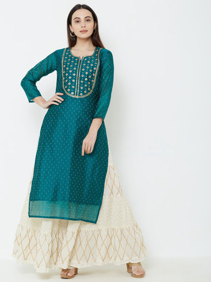 Sequins Embellished Chanderi Kurta - Teal Green