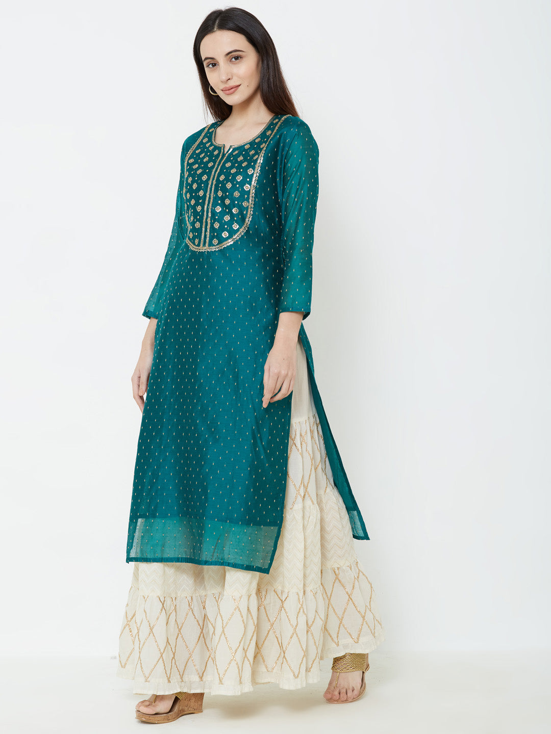 Sequins Embellished Chanderi Kurta - Teal Green