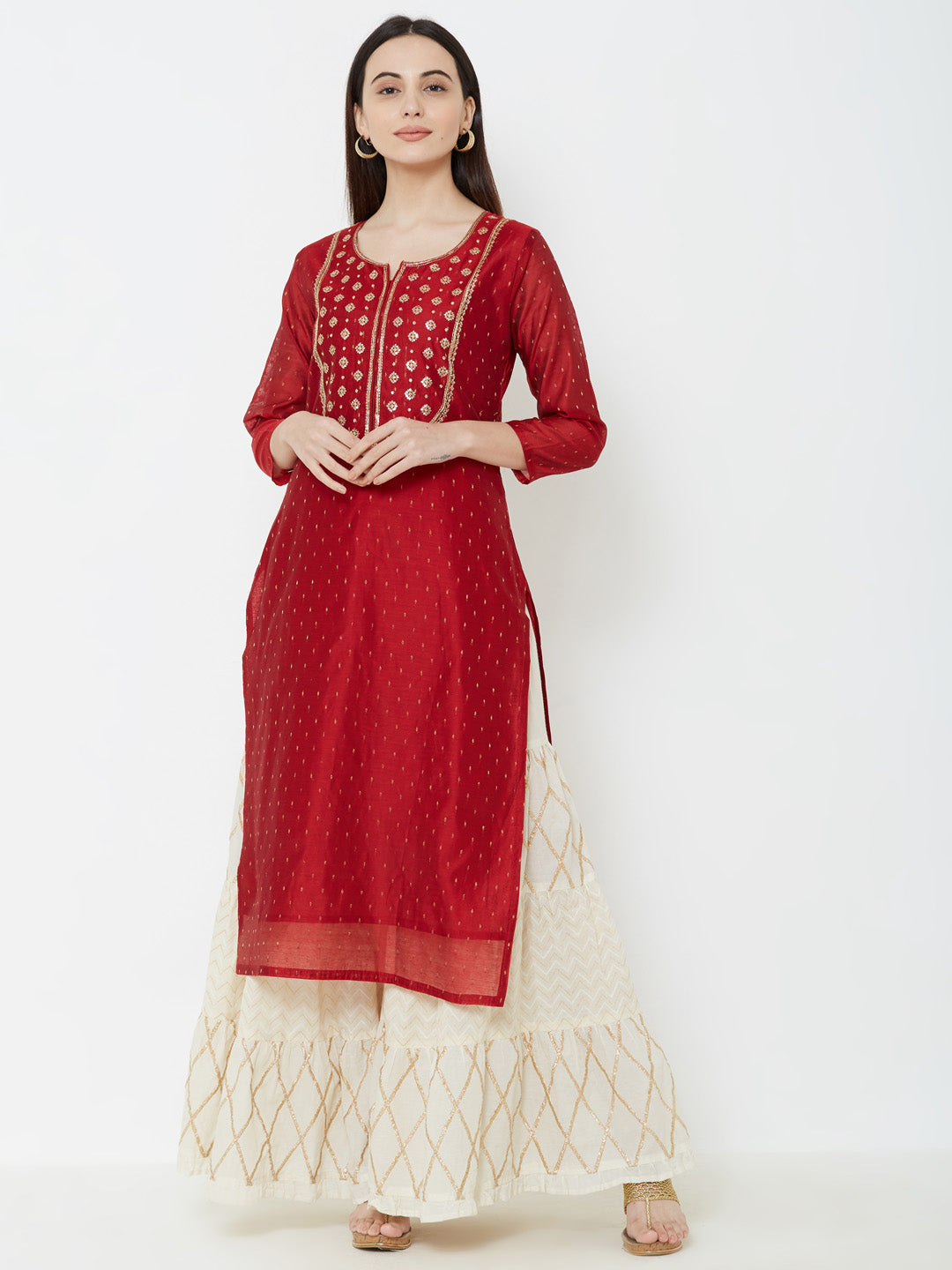 Sequins Embellished Chanderi Kurta - Red