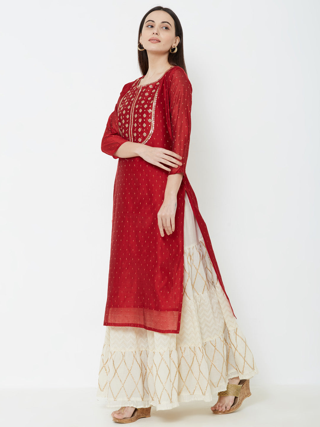 Sequins Embellished Chanderi Kurta - Red