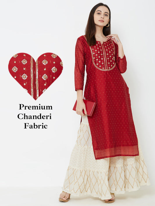 Sequins Embellished Chanderi Kurta - Red