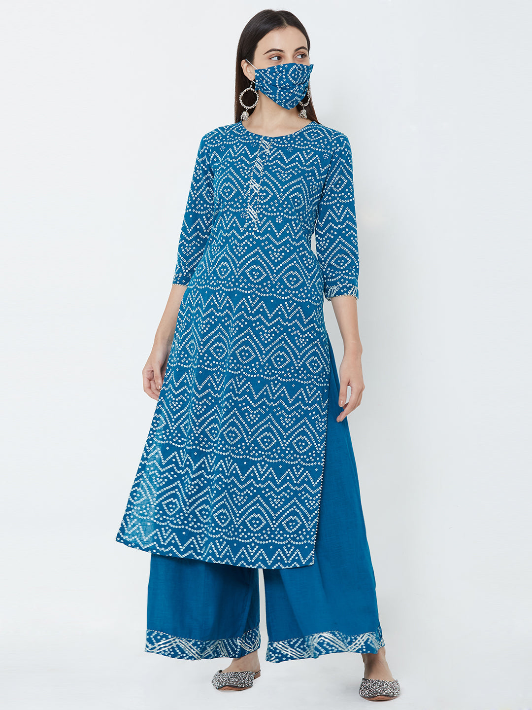 Bandhani printed Kurta, solid palazzo with mask - Turquoise