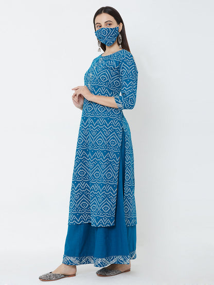 Bandhani printed Kurta, solid palazzo with mask - Turquoise
