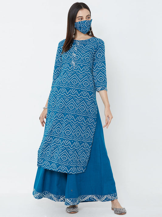 Bandhani printed Kurta, solid palazzo with mask - Turquoise