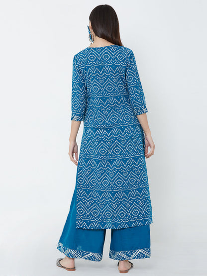 Bandhani printed Kurta, solid palazzo with mask - Turquoise