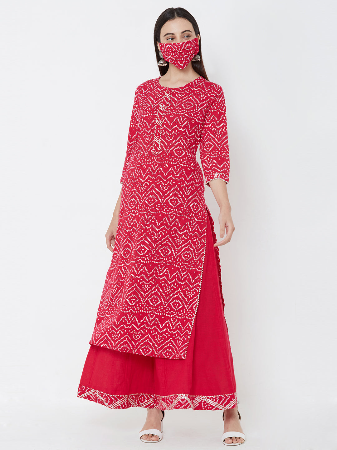 Bandhani printed Kurta, solid palazzo with mask - Pink