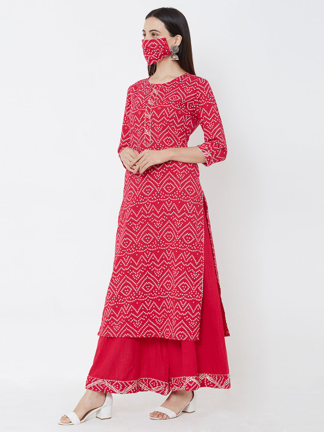 Bandhani printed Kurta, solid palazzo with mask - Pink