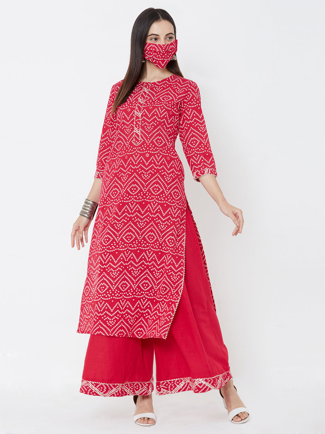 Bandhani printed Kurta, solid palazzo with mask - Pink