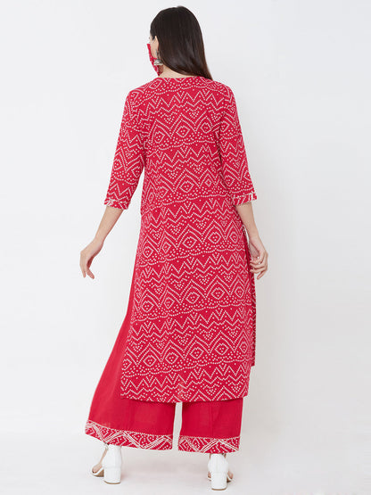 Bandhani printed Kurta, solid palazzo with mask - Pink