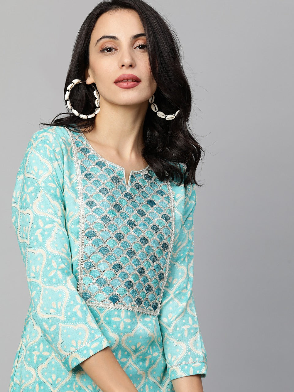 Embroidered & Printed Straight Kurta only - Cyan Blue