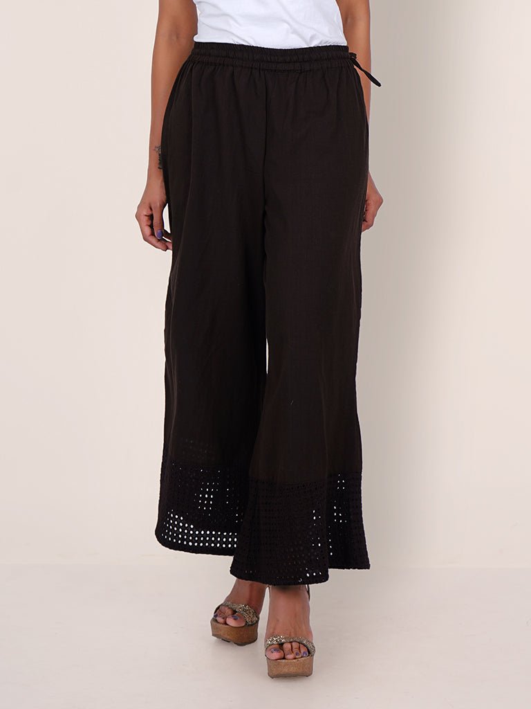 Resham Hakoba Cutwork Cotton Palazzo Pants - Dark Stone Grey
