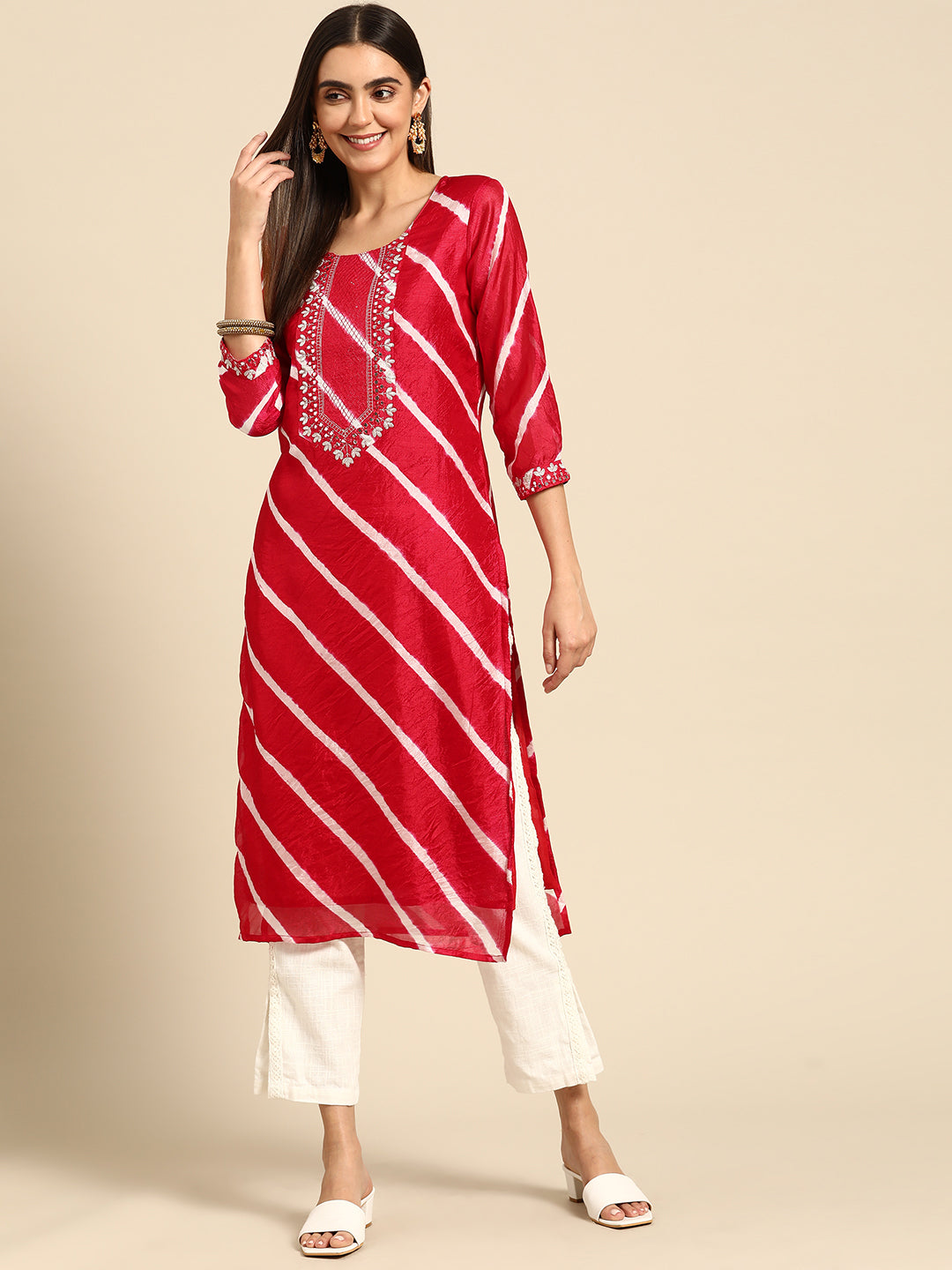 Leheriya Printed & Embroidered Kurta - Red