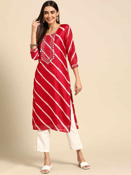 Leheriya Printed & Embroidered Kurta - Red