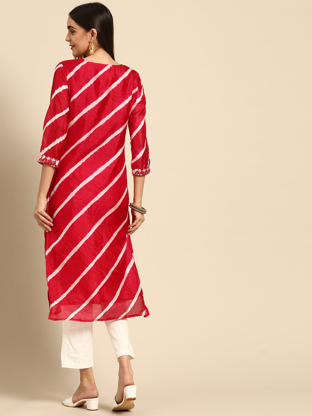 Leheriya Printed & Embroidered Kurta - Red