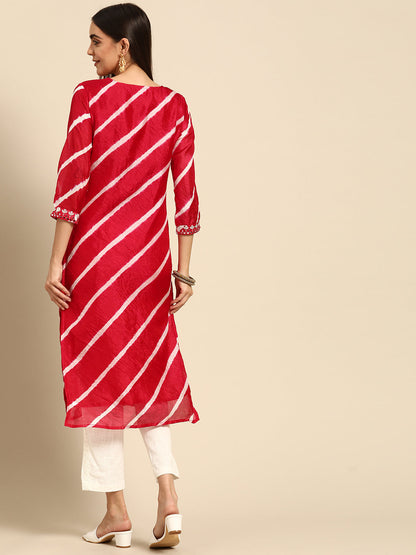 Leheriya Printed & Embroidered Kurta - Red