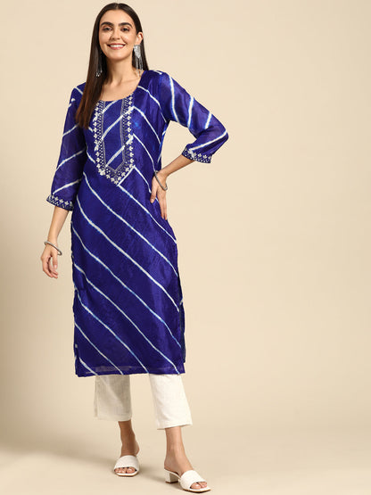 Leheriya Printed & Embroidered Kurta - Purple