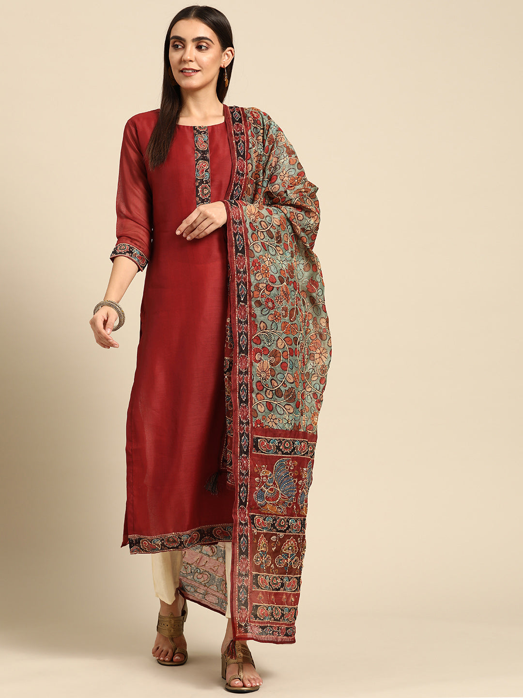 Kalamkari Printed Kurta and Dupatta with Kantha work - Maroon