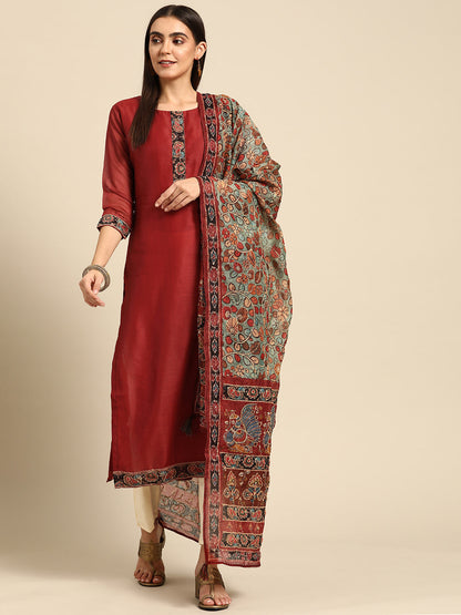 Kalamkari Printed Kurta and Dupatta with Kantha work - Maroon