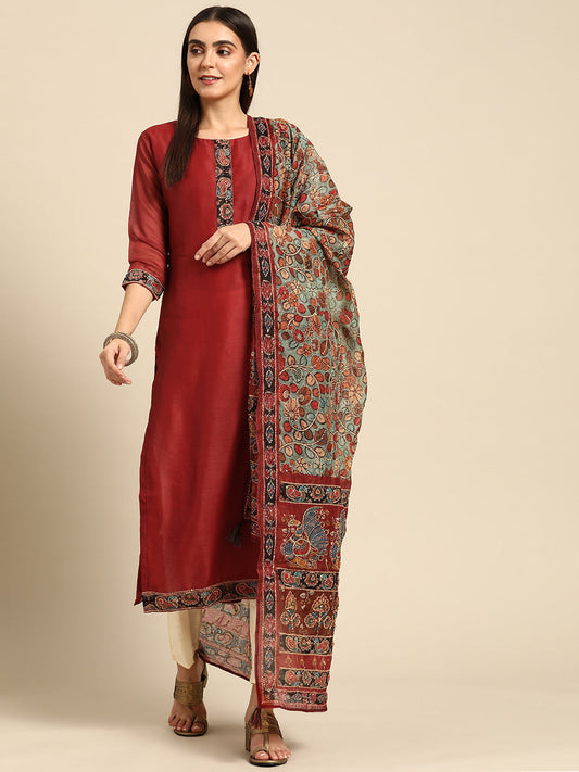 Kalamkari Printed Kurta and Dupatta with Kantha work - Maroon