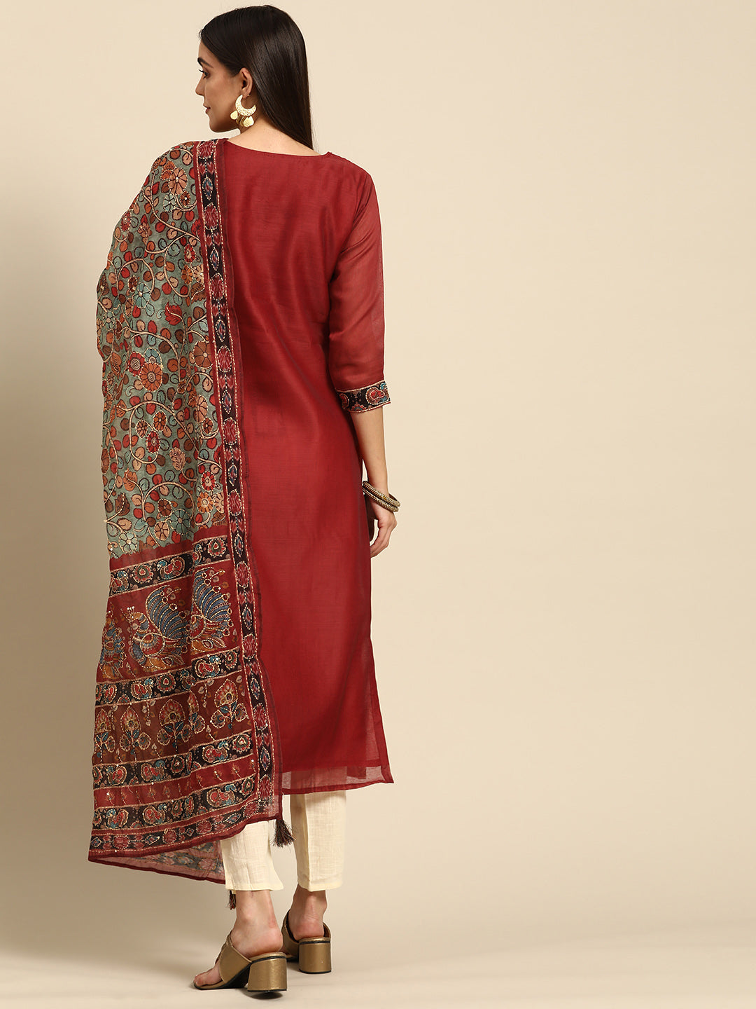 Kalamkari Printed Kurta and Dupatta with Kantha work - Maroon