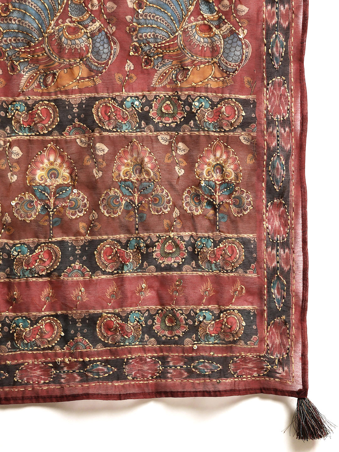 Kalamkari Printed Kurta and Dupatta with Kantha work - Maroon