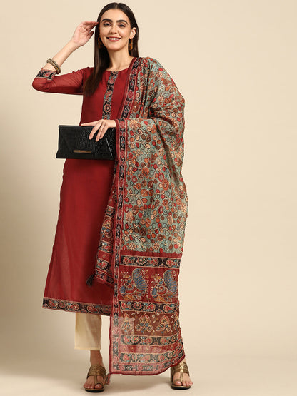 Kalamkari Printed Kurta and Dupatta with Kantha work - Maroon