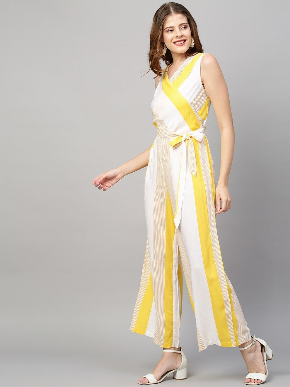 Stripes Printed Straight Fit Jumpsuit with Belt - White