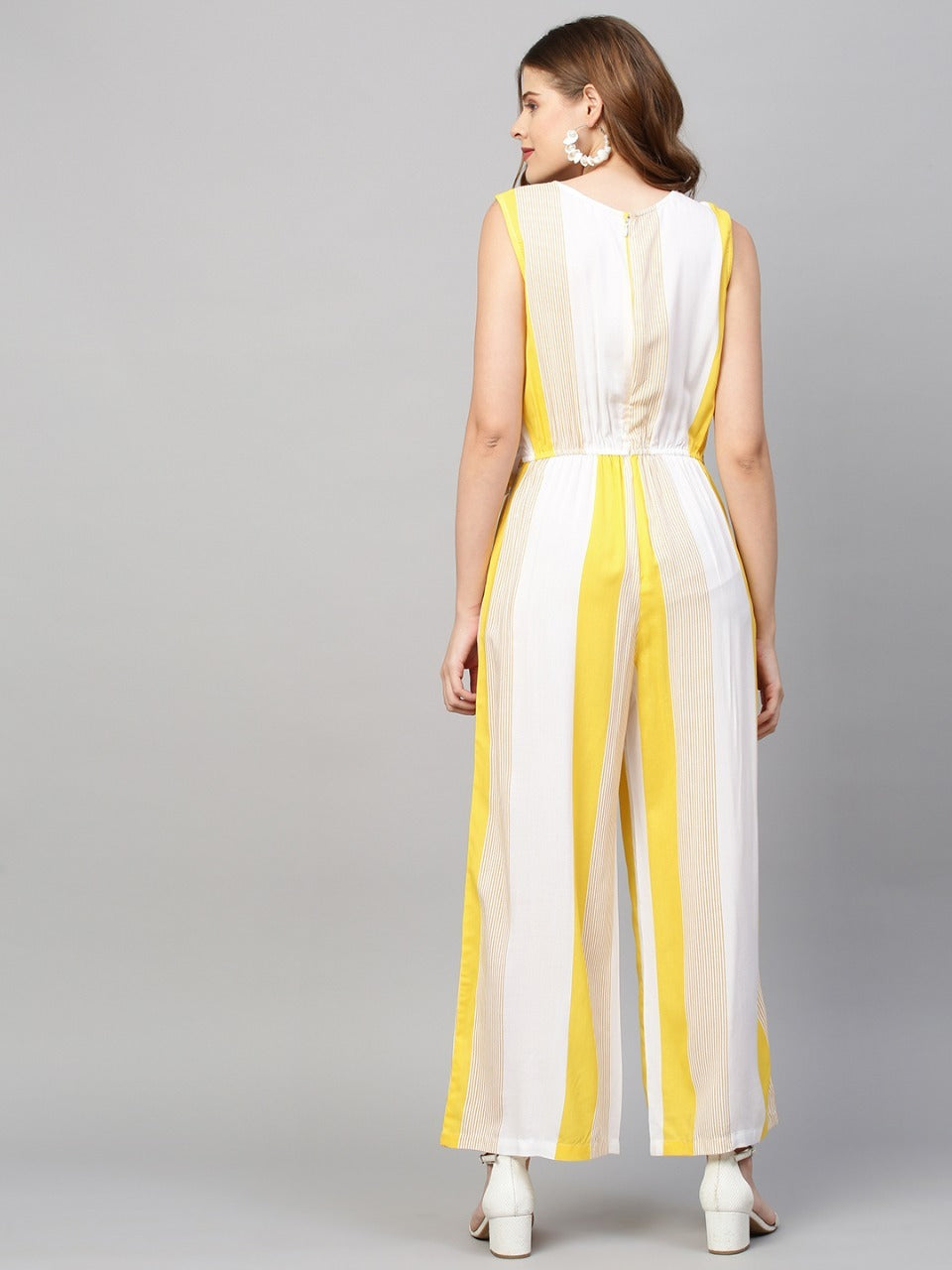 Stripes Printed Straight Fit Jumpsuit with Belt - White