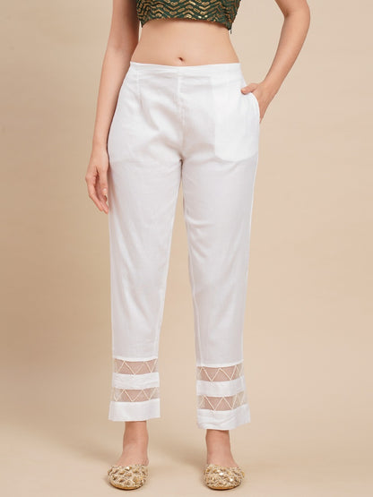 Solid Zig Zag Embroidered Ankle Pants - White