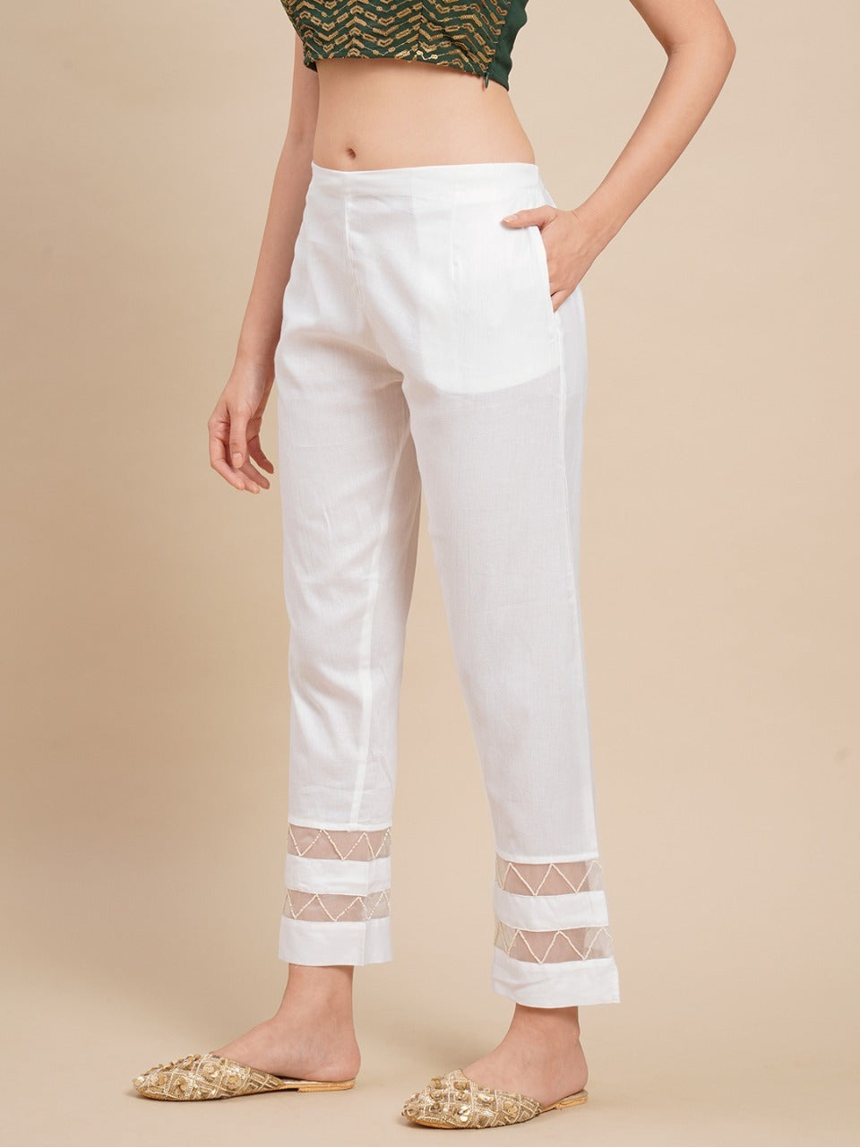 Solid Zig Zag Embroidered Ankle Pants - White