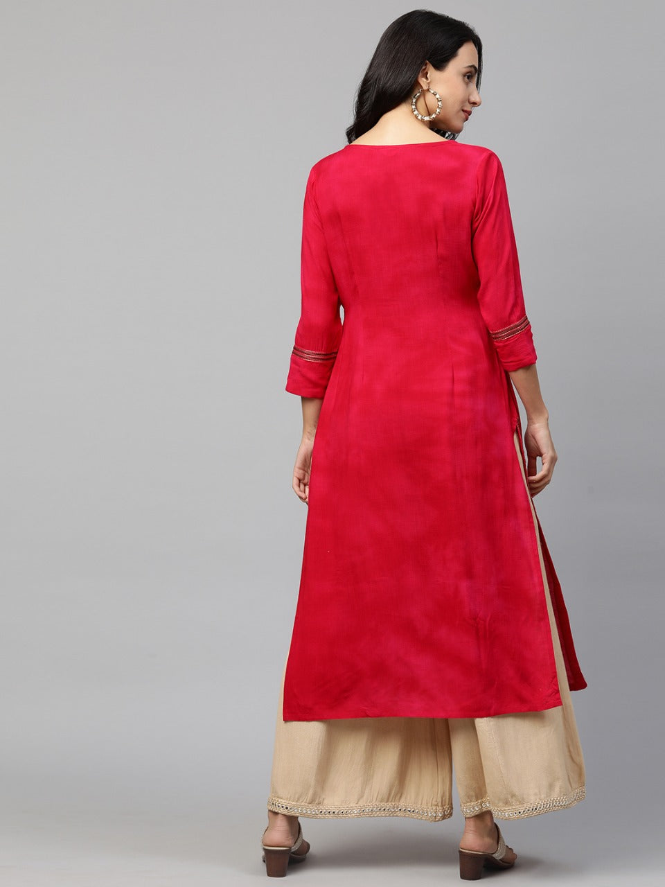 Festive Sequin Embroidered Straight Kurta - Hot Pink