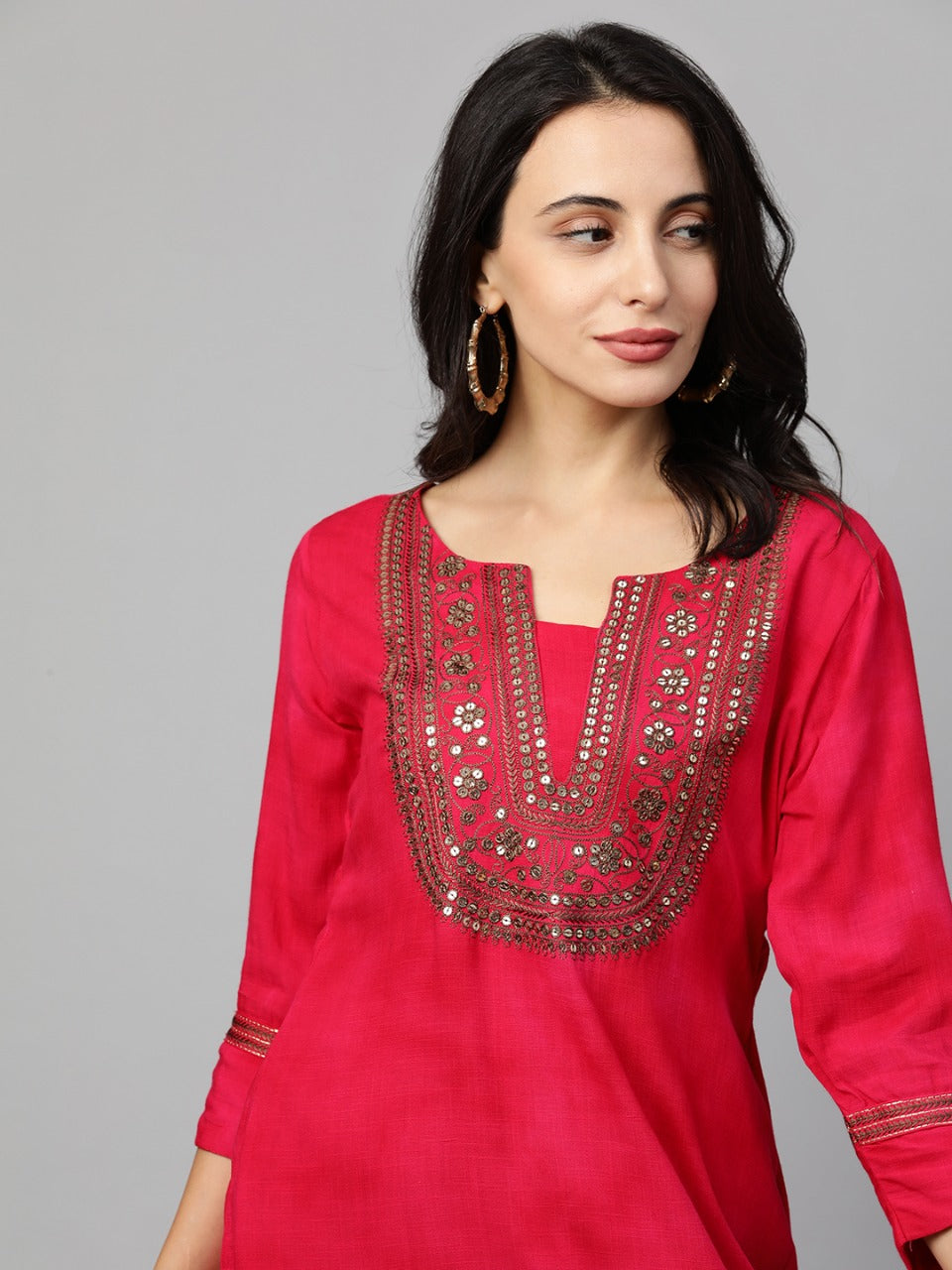 Festive Sequin Embroidered Straight Kurta - Hot Pink