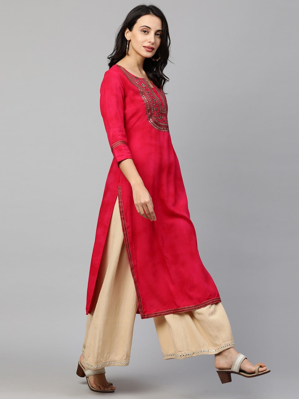 Festive Sequin Embroidered Straight Kurta - Hot Pink