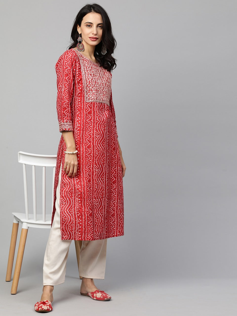 Festive Embroidered Bandhani Straight Kurta - Bright Red