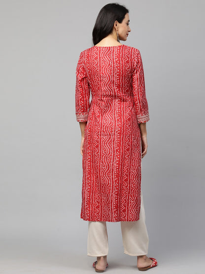 Festive Embroidered Bandhani Straight Kurta - Bright Red