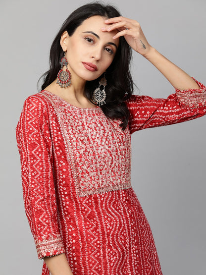 Festive Embroidered Bandhani Straight Kurta - Bright Red