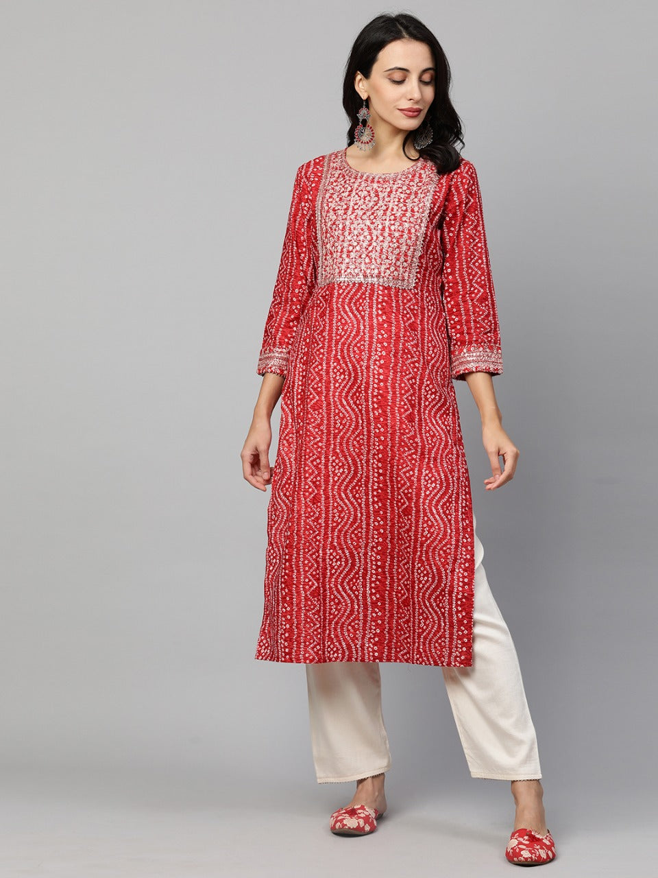 Festive Embroidered Bandhani Straight Kurta - Bright Red