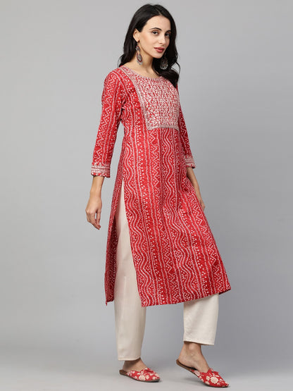 Festive Embroidered Bandhani Straight Kurta - Bright Red