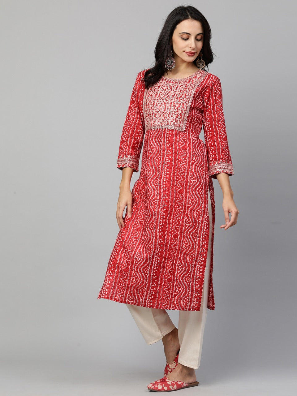 Festive Embroidered Bandhani Straight Kurta - Bright Red